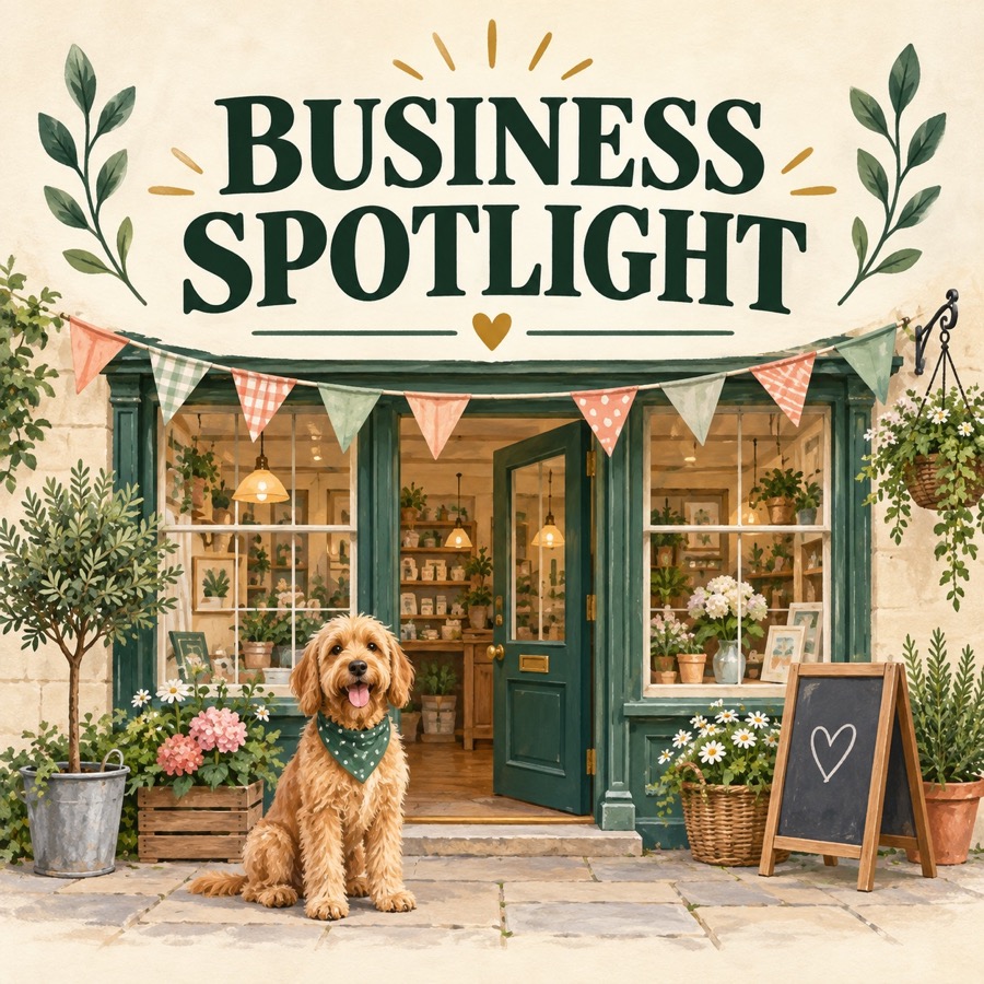 Business Spotlight illustration showing a dog outside a welcoming independent shop